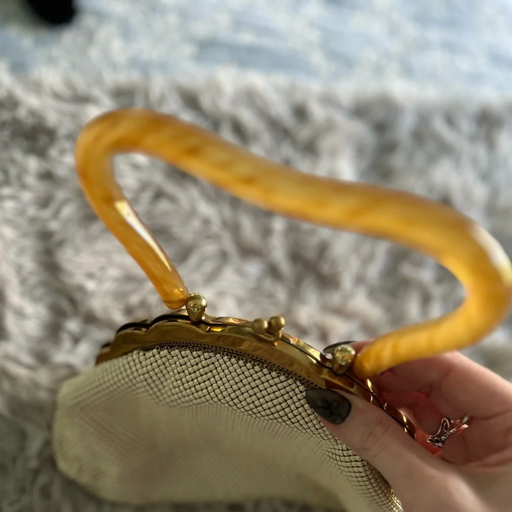 1940s vintage Whiting and Davis mesh Bakelite  top handle beaded bag - Picture 8 of 12